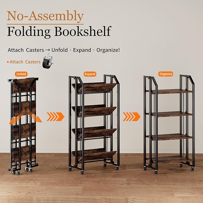 No Assembly Double-Sided Folding Bookshelf for Living Room, 4 Tier Collapsible Book Shelf for Home Office, Portable Bookcase Storage Organizer