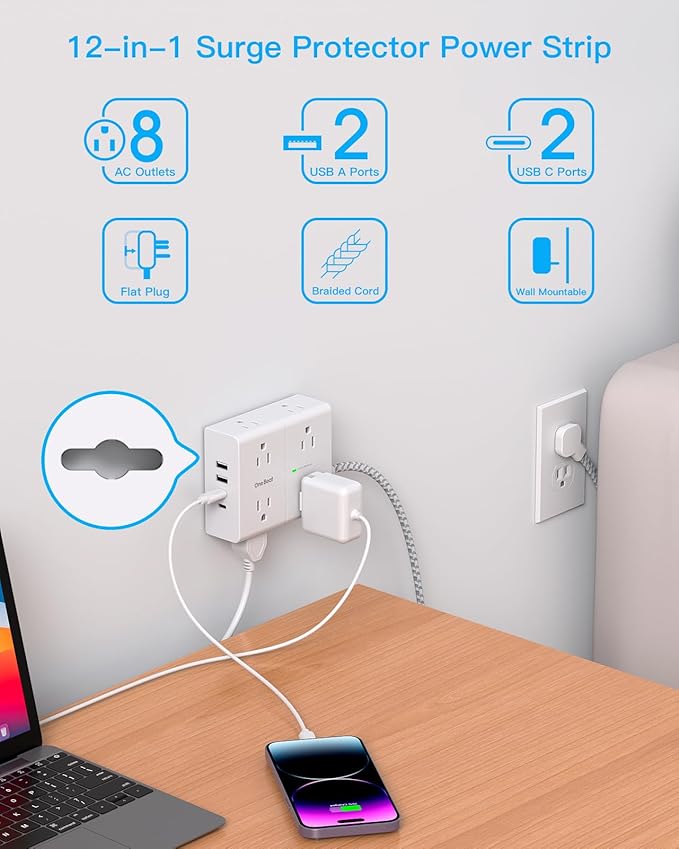 25Ft Extension Cord with Multiple Outlets, Flat Plug Power Strip Surge Protector 25 Ft Long Cord, 8 Outlet 4 USB Ports (2 USB C), Multi Outlet Wall Plug for Office, College, Dorm Room Essentials