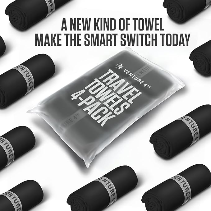 VENTURE 4TH - 4pcs Quick Dry Towels. Microfiber Travel Towels. Lightweight & Fast Drying Travel Towels for Body. Compact & Easy to Pack - 4 Pack Black Medium