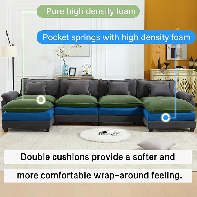 154" Modular Sectional Sofa, Comfy Cloud Couch Sectional Sofa with Ottoman, Velvet Sofa Sleeper Deep Seat Sofa with Throw Pillows for Living Room (Blue Gray, 154"- U Shape)