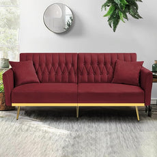 70” Velvet Futon Sofa Bed with 2 Pillows and Adjustable Armrests, Convertible Sleeper Bed W/Adjustable Backrests, Modern Loveseat for Living Room, Bedroom, Red