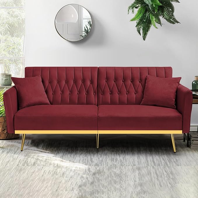 70” Velvet Futon Sofa Bed with 2 Pillows and Adjustable Armrests, Convertible Sleeper Bed W/Adjustable Backrests, Modern Loveseat for Living Room, Bedroom, Red