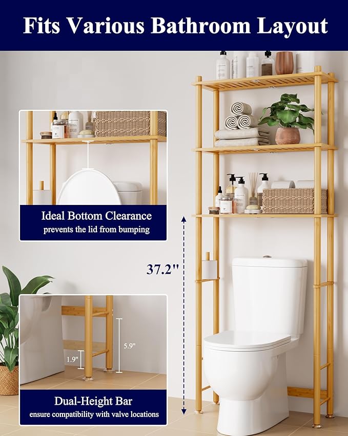 Kitsure Over The Toilet Shelf - 3-Tier Bamboo Bathroom Organizers and Storage with Paper Holder, Over Toilet Bathroom Organizer with Wall Anchor for Balcony, Laundry, Natural, 3 Tiers (63" H)