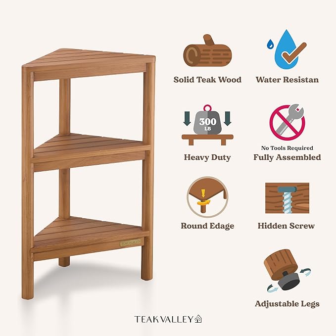Fully Assembled Teak Corner Bath Shower Storage Stand, Corner Shelves, Shower Caddy 26.5"