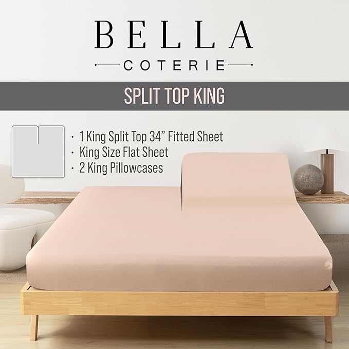 Bella Coterie Luxury Bamboo Viscose 34” Split Top King Size Sheet Set | 1 Fitted Sheet for Sleep Number & Adjustable Beds | 100% Organically Grown | Cooling & Soft | 18” Deep Pocket [Champagne] BC