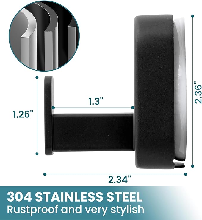 TAILI Thickened 304 Stainless Steel Bathroom Suction Hook for Towel, Loofah, Bathrobe, Patented Strong Suction Cup Holder, Damage-Free Hanging Glass Shower Wall Hook, Hold Up to 11 Lbs, 2 Pack, Black