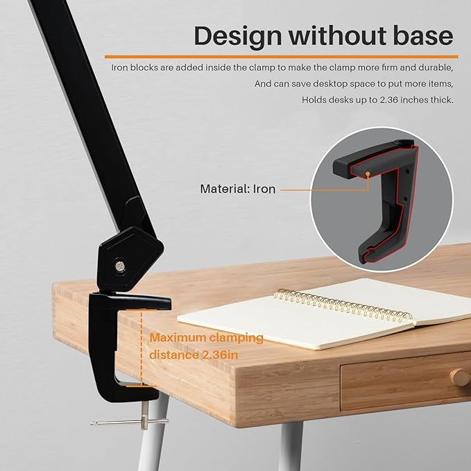 117PCS LED Clamp Desk Lamp, 20 Inch Metal Swivel Arm with Protective Casing, 2200 Lumens, Dimmable Task Lamp for Reading, Office Work, Sewing, Study, and Crafts(Black)