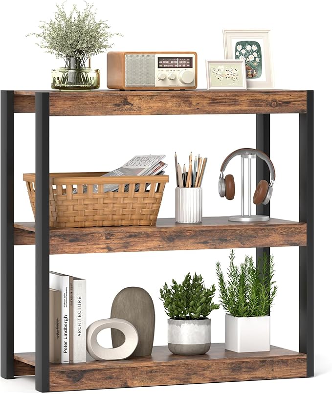 Giantex 3 Tier Bookshelf, Freestanding Wooden Bookcase with Dual Anti-Tipping Kits, Open Display Rack Shelving Unit, Storage Organizer for Living Room, Bedroom & Study (1,Rustic Brown & Black)