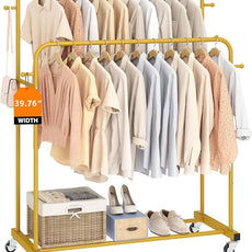 Laiensia Double Rods Garment Rack with Wheels, Clothing Rack for Hanging Clothes,4 Hooks, Multi-functional Bedroom Clothes Rack, Gold