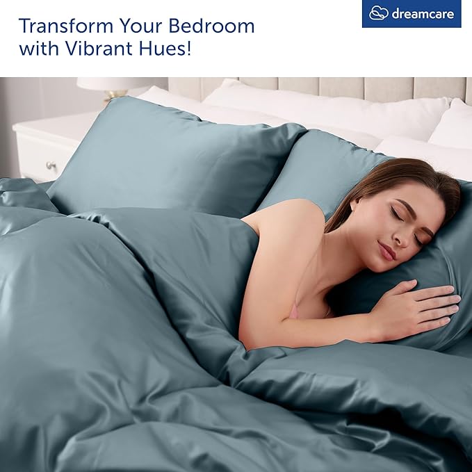 DREAMCARE King Size Sheets Set - Cooling Bed Sheets - 4pcs Set - up to 15" Deep Pocket King Sheet Set – Soft & Long Lasting Cooling - 100% Fine Brushed Microfiber with Side Pocket - Mineral Blue DREAMCARE