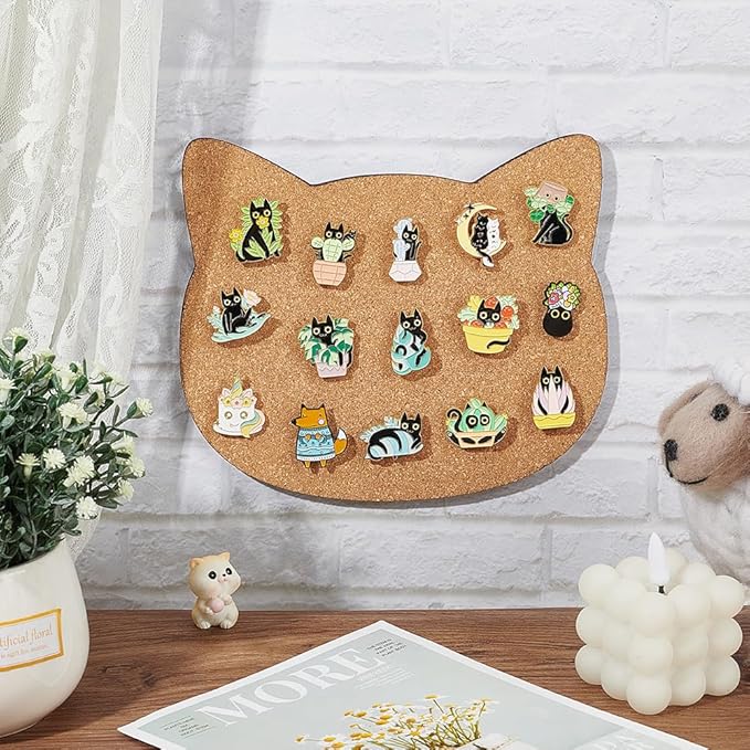 BENECREAT Pin Board Cat Cork Board, 0.4inch Thick Bulletin Display Board Wall Mounted Cork Board for Brooch Pin Storage, Office Home Festival Valentine's Decor, 7.8x6.7inch