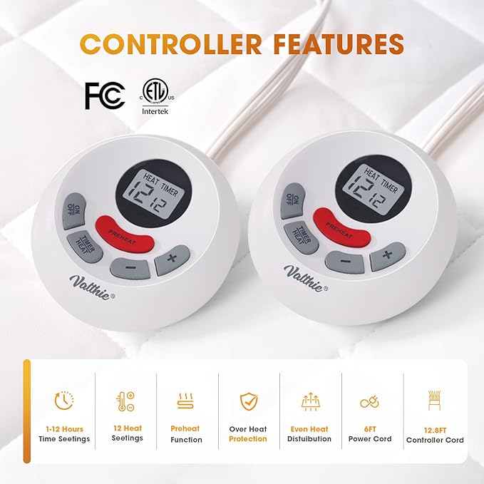 Heated Mattress Pad King,Dual Controller Electric Mattress Pad with Preheat Functions,Bed Warmer with 12 Heat Settings & 1-12 Hours Auto Shut Off, Machine Washable(78"x80",White)