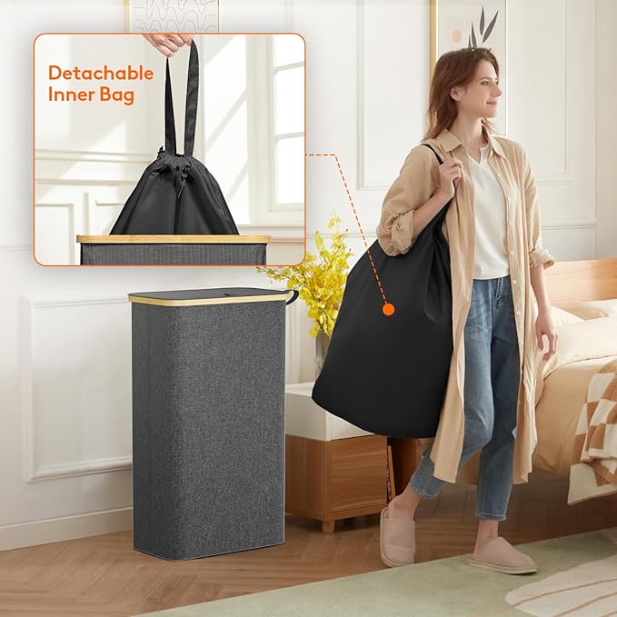 Lifewit 75L Slim Laundry Hamper with Lid, Narrow Laundry Basket with Removable Bag & Bamboo Handles, Fodable Thin Dirty Clothes Hamper for Laundry Collapsible Bin for Bathroom Bedroom Dorm, Dark Gray