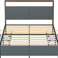 Panana 14 Inch Full Size Bed Frame,Industrial Metal Platform Bed Frame with 2 Tier Storage Wooden Headboard and Footboard,4 Storage Drawers,No Box Spring Needed,Black&Grey