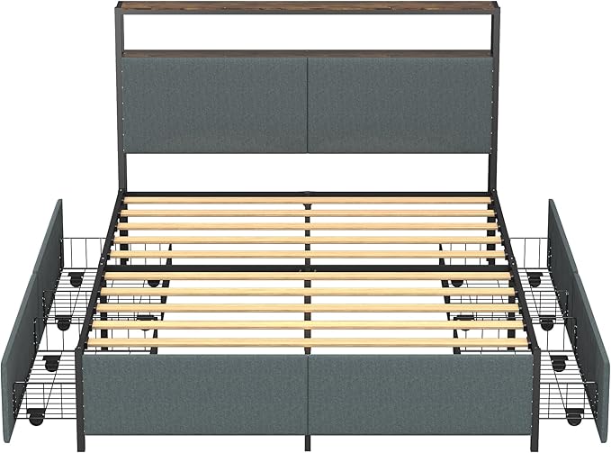 Panana 14 Inch Full Size Bed Frame,Industrial Metal Platform Bed Frame with 2 Tier Storage Wooden Headboard and Footboard,4 Storage Drawers,No Box Spring Needed,Black&Grey