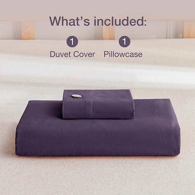 JELLYMONI Cotton Duvet Cover Twin Size - Purple Comforter Cover with Button 100% Washed Cotton 2PCS Breathable Soft Solid Bedding Set Duvet Cover 68×90in & 1 Pillowcase (NO Comforter)