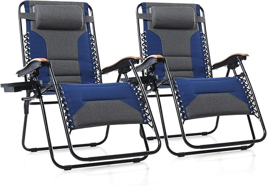 PHI VILLA XXL Oversized Padded Zero Gravity Chair Set of 2, Foldable Patio Recliner, 30" Wide Seat Anti Gravity Lounger with Armrest and Cup Holder, Support 400 LBS (Thumb Blue)