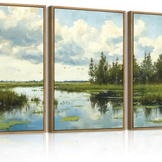BINCUE Framed Green Nature Wall Art Lake Scenery Wall Decor Landscape Art Print for Living Room Bedroom Office 16 x24 Inches Set of 3