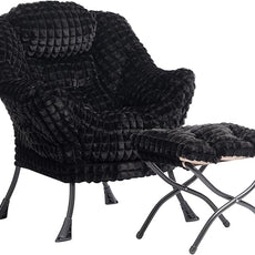 HollyHOME Lazy Chair with Foldable Ottoman, Accent Comfy Lounge Armchair and Folding Footrest Stool, Leisure Sofa Reading Chair and Footstool for Living Room, Bedroom, Dorm,Faux Fur Black
