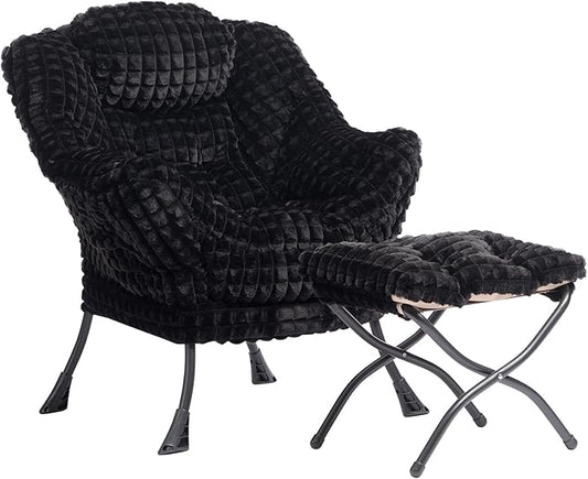 HollyHOME Lazy Chair with Foldable Ottoman, Accent Comfy Lounge Armchair and Folding Footrest Stool, Leisure Sofa Reading Chair and Footstool for Living Room, Bedroom, Dorm,Faux Fur Black
