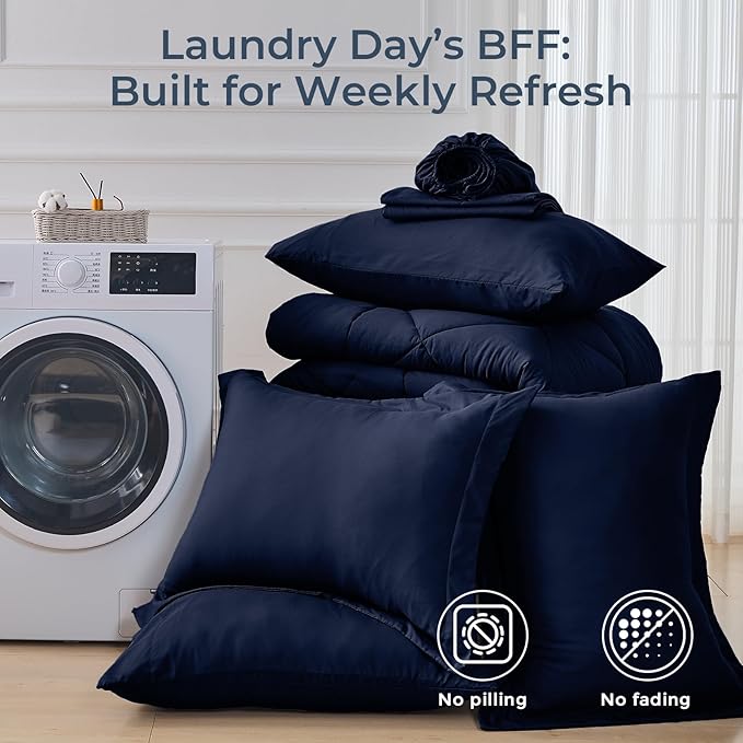 HEVUMYI Navy Blue Full Comforter Set - 7-Piece All Season Bed in a Bag Full, Ultra Soft Bedding Set with Comforter, Flat Sheet, Fitted Sheet, Pillowcases, Pillow Shams, Navy Blue