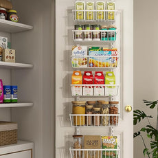 12 Inch Wide Narrow Over The Door Pantry Organizer, Pantry Organization and Storage, 6-Tier Metal Hanging Deep Basket Wall Spice Rack Seasoning Shelves, Home & Kitchen Essentials, White