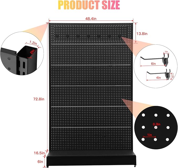 Eastern Tree Pegboard Display Stand, 4x6.5 Feet Gondola Retail Shelving Wall Display for Convenient Grocery Office Supply or Retail Stores, Standing Peg Board Display Rack with 30 Hooks, No 4 Shelves