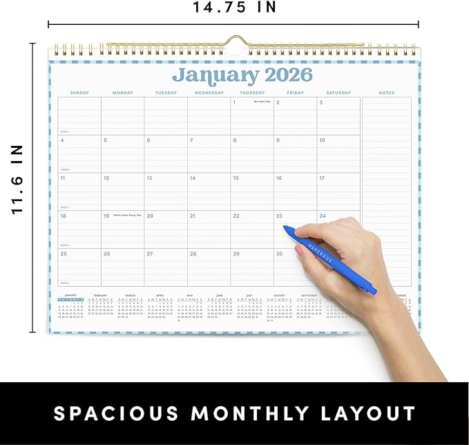 PAPERAGE 2026 Calendar, 12 Months (January 2026 - December 2026), Medium (11.5 in x 14.75 in), Minimalist Wall and Desk Calendar with Monthly Views, Yearly Plans & Notes Section – Pastel