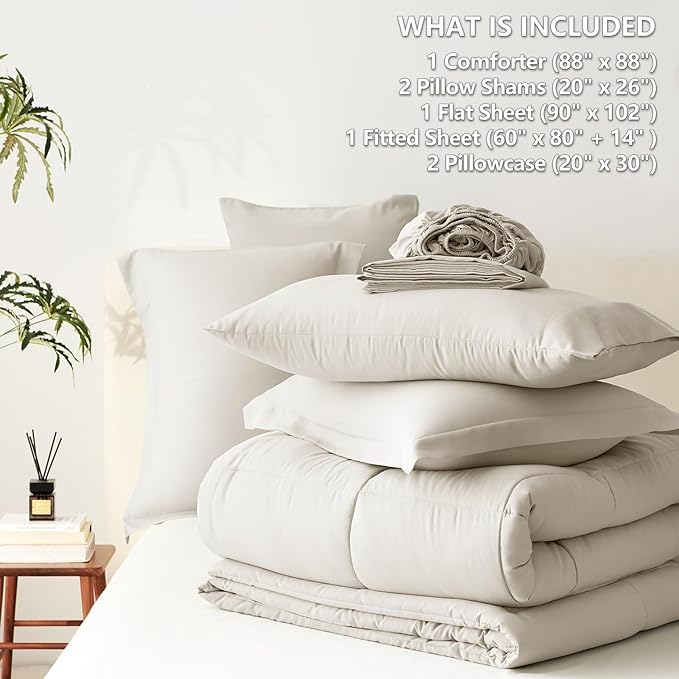 CozyLux Queen Comforter Set Beige - 7 Pieces Bed in a Bag Queen, All Season Breathable Bedding Sets, Oeko-Tex Certified Bed Set with Down Alternative Comforter, Sheets, Pillowcases & Pillow Shams