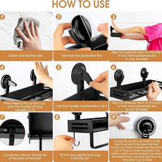 Shower Caddy Suction Cup, 11.8 inch Suction Shower Shelf with Hooks NO-Drilling Bathroom Holder, Rustproof Bathroom Organizer, Black