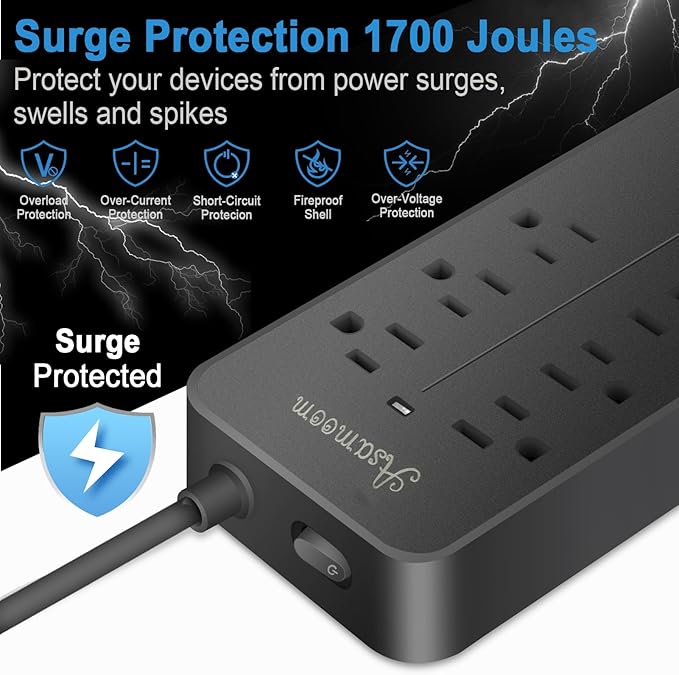 25FT Flat Plug Surge Protector - 8 Outlet & 3 USB Port (A & C) Power Strip Extension Cord, Wall Mountable Desk Power Strip for Home Office - Black - ETL Listed
