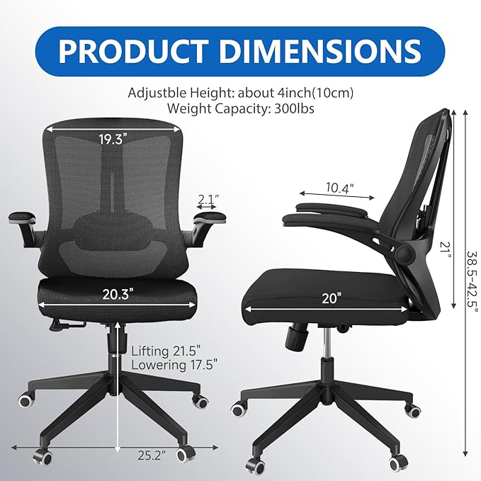 poki Mesh Office Chair, Home Office Desk Chair with Wheels, Ergonomic Office Chair with Lumbar Support and Adjustable Headrest, Comfortable Study and Desk Chair, Black (Black)