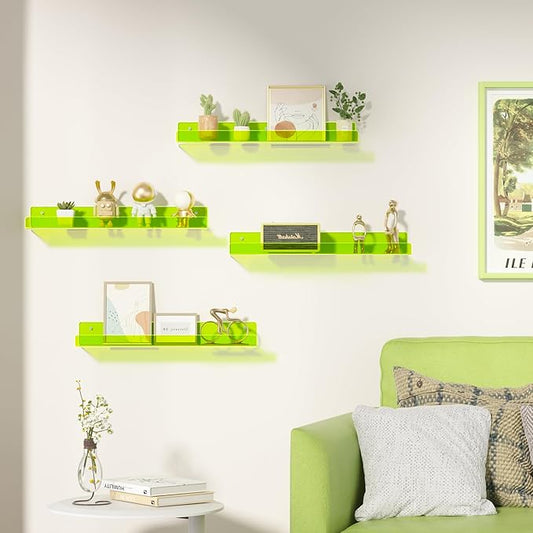 upsimples Acrylic Shelves for Wall Decor, 15" Display Shelf for Figure, Nail Polish, Wall Organizer for Bathroom, Bedroom, Living Room, Playroom, Kids Bookshelf, Clear Fluorescent Green, 4 Pack