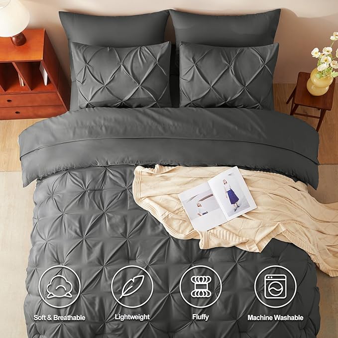 CozyLux Queen Comforter Set Dark Grey, 7 Pieces Pintuck Bed in A Bag, Premium Dark Gray Comforter Queen Size, Pinch Pleat Bedding Sets with Comforter, Sheets, Pillowcases & Shams