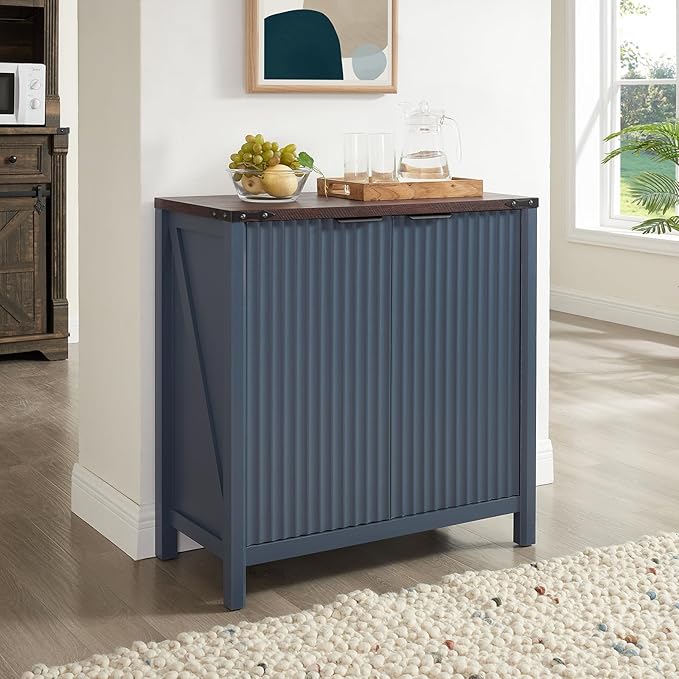 32 Fluted Sideboard Storage Cabinet Buffet - 7-Level Adjustable Shelves, Modern Farmhouse Rustic Kitchen Console Accent Cabinets, Coffee Bar Table for Dining Room (Navy Blue)
