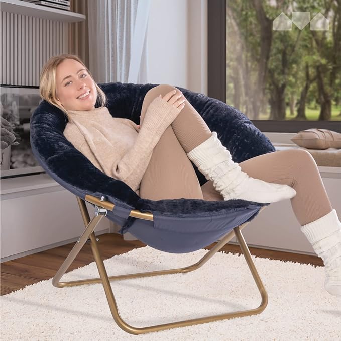 Milliard Saucer Chair For Adults, Teens & Kids, Navy Blue, Faux Fur XL Circle Chair for Bedroom, Dorm & Gaming, Foldable Comfy Accent Seat for Small Spaces, Folding Moon / Mushroom / Round Style