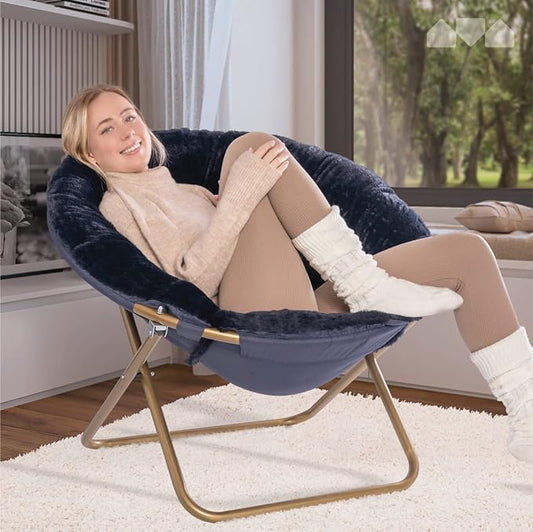 Milliard Saucer Chair For Adults, Teens & Kids, Navy Blue, Faux Fur XL Circle Chair for Bedroom, Dorm & Gaming, Foldable Comfy Accent Seat for Small Spaces, Folding Moon / Mushroom / Round Style