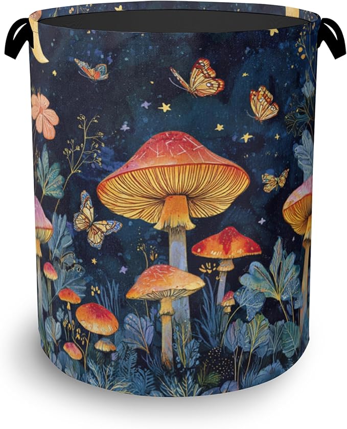 Mushroom Laundry Basket,Butterfly Moon Foldable Oxford Cloth Tote Bag Laundry Hamper Clothes Storage Bucket Organizer for Bedroom Laundry Storage Dormitories 16" x 20.8"