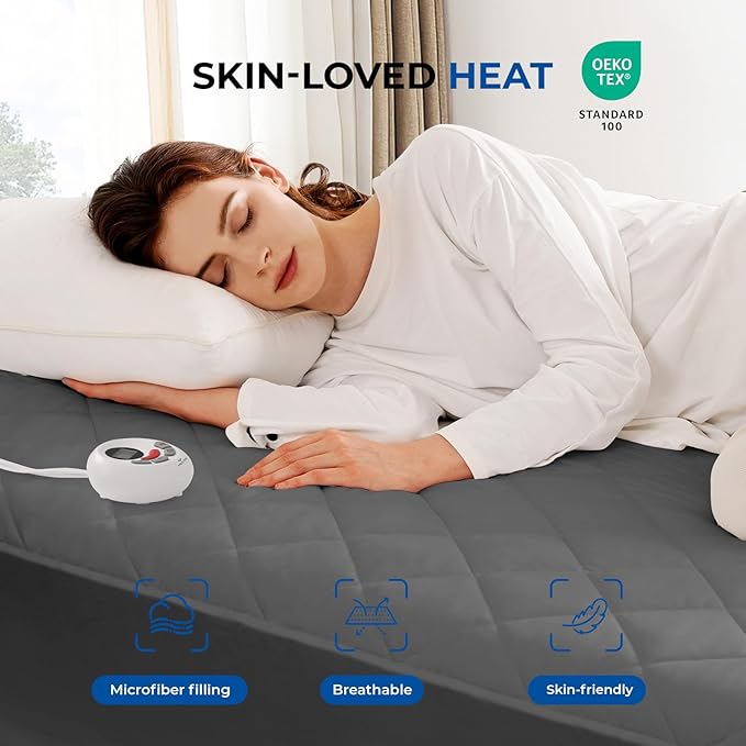 Heated Mattress Pad King Size Quilted Zone Heating Electric Bed Warmer Comfort Heat Mattress Pad Cover Dual Controller（10 Heat Setting | 1-12 Hours Auto Shut Off | with 8-21 Inch Deep Pocket） Gray