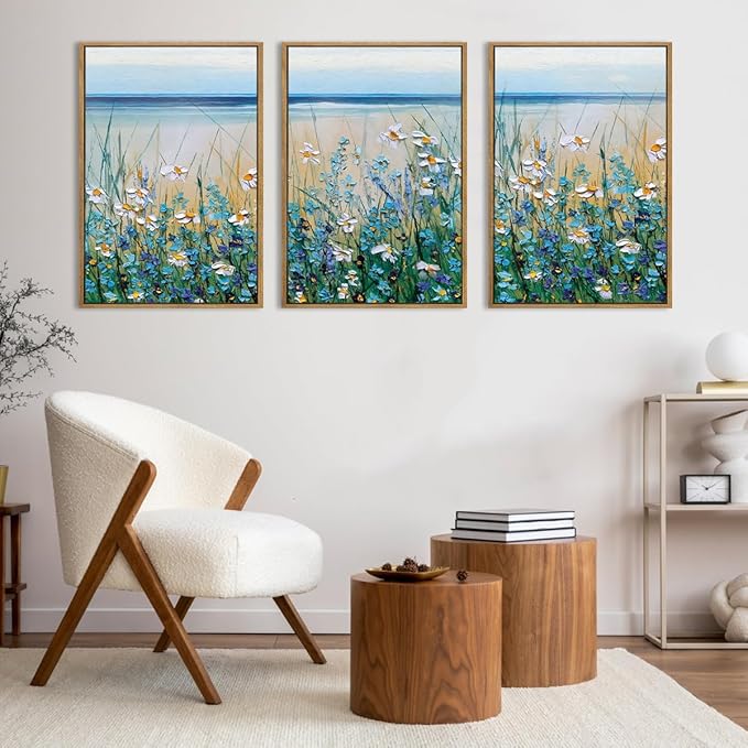 Blue Seaside Cyan Floral Wall Decor Wildflower Canvas Painting Framed Floral Prints Decor for Living Room Bedroom 16x24 Inch Set of 3
