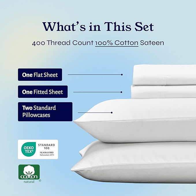 California Design Den Natural 100% Cotton Sheets, Full Size Sheets Set, 400 Thread Count Sateen Bedding, Deep Pockets with All-Around Elastic for a Snug Fit, Durable Bed Set - Antique White