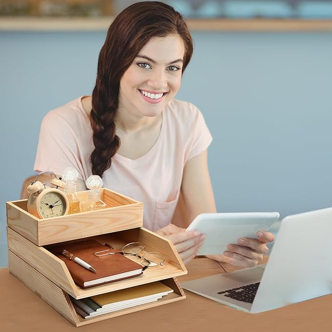 3 Pcs Wooden Letter Trays, Wood Letter-Size Desk Organizer, Heavy Duty 3 Tier Stackable Support Paper Tray Tabletop Inbox Drawer Desktop Organizer for File Folder Magazine Office (Light Brown)