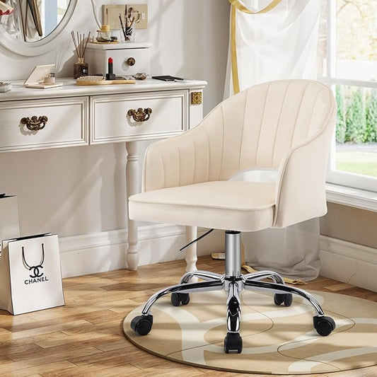 MOJAY Modern Vanity Chair with Wheels, Mid-Back Cutout Velvet Home Office Chair, Swivel Height-Adjustable Soft Seat Cute Desk Chair with Arm Support (Cream)