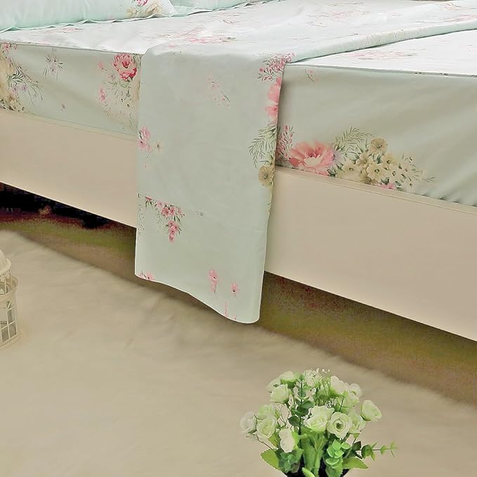 FADFAY Green Floral Bed Sheet Set Cotton Sheets 4-Piece Full Size