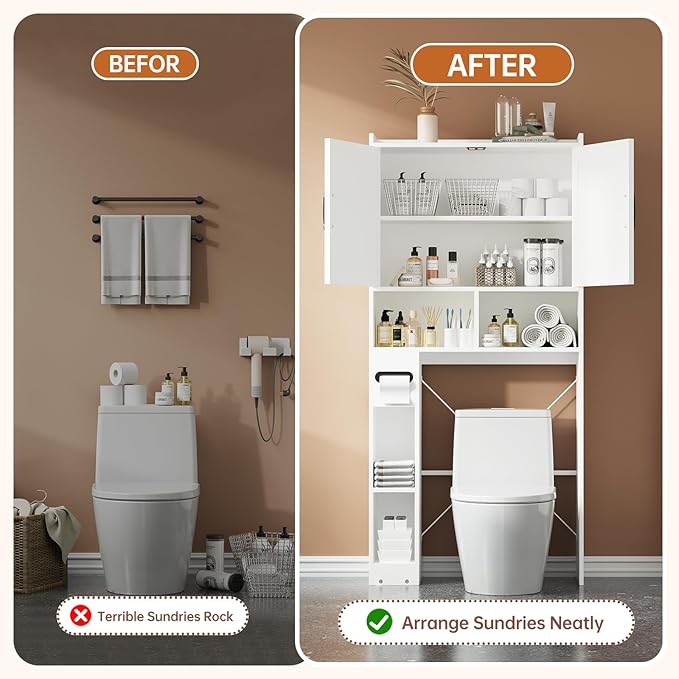 FURSUN 32" W Over The Toilet Storage Cabinet with Metal Frame, Bathroom Organizer with Adjustable Shelves and Paper Holder, 7 Storage Shelves, Farmhouse Storage Cabinet for Bathroom, Laundry, White