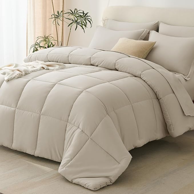 CozyLux Queen Comforter Set Oatmeal - 7 Pieces Bed in a Bag Queen, All Season Breathable Bedding Sets, Oeko-Tex Certified Bed Set with Down Alternative Comforter, Sheets, Pillowcases & Pillow Shams