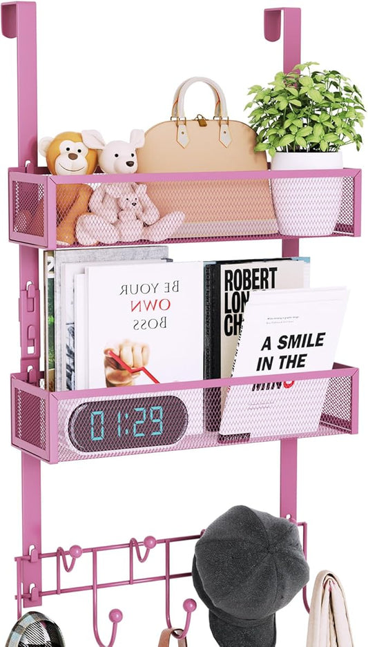 Consumest Over The Door Hooks Organizer - Extra Long Door Hanger with 9 Coat Hooks & 2 Mesh Basket, Back Storage Organizer Hanging Towels for Bathroom, Bedroom - Pink (for 1.76 in Doors)
