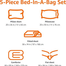 Amazon Basics 5 Piece Microfiber Kid's Bed-in-a-Bag Bedding Set, Twin, Blue, Solid