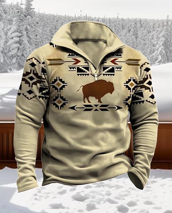 Western Sweatshirts for Men Aztec Cowboy Vintage Graphic Fleece Hoodie Mens Quarter Zip Pullover Country Jacket