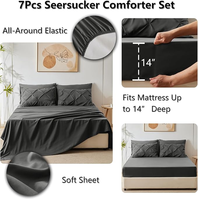CozyLux King Size Comforter Set Dark Grey, 7 Pieces Pintuck Bed in A Bag Gray Comforter King Size, Pinch Pleat Bedding Set with All Season Comforter, Sheets, Pillowcases & Shams